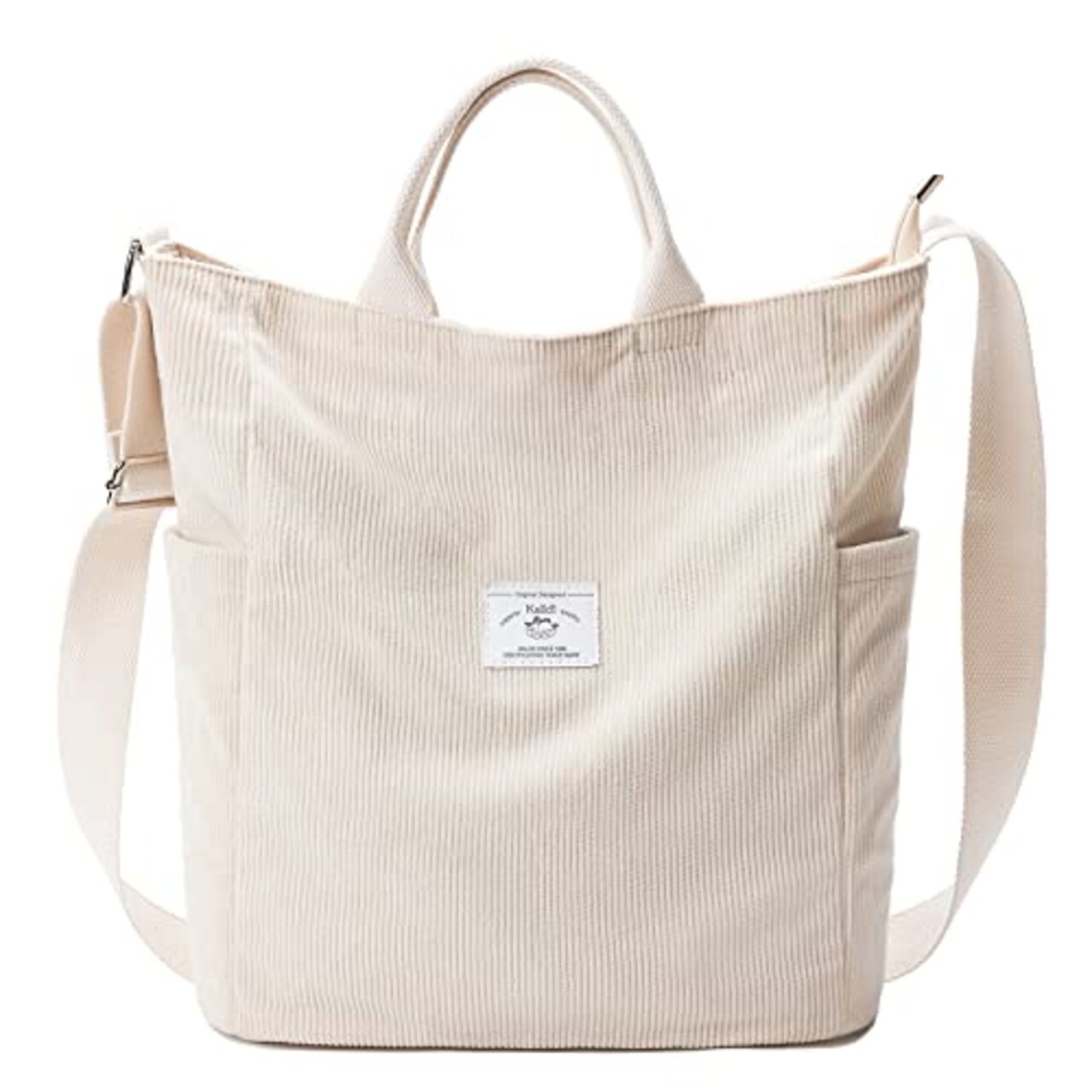 Corduroy Tote Bag, Large Zipper Messenger Bag Shoulder Hobo Crossbody Bag Casual Work Shopping Women Beige